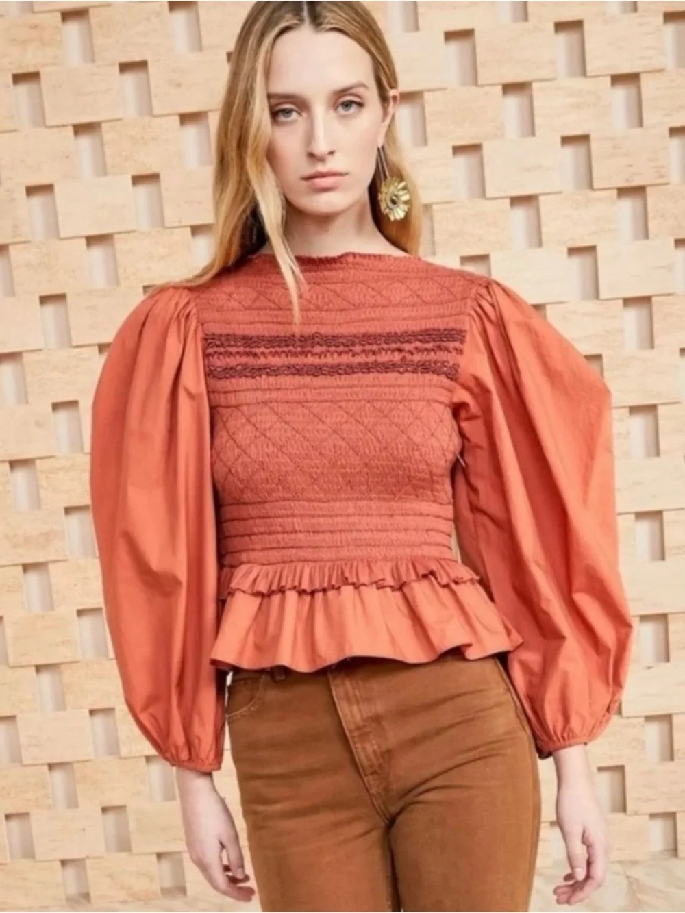 Ulla Johnson Amelia Smocked Puff Sleeve Ruffle Blouse Size 8